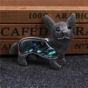 French Bulldog brooch with rainbow abalone shell inlay in antique silver metal