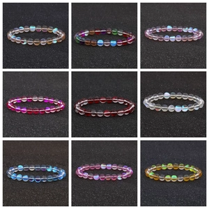 Neuf bracelets en perles de verre pierre de lune colorées avec effet œil de chat noir