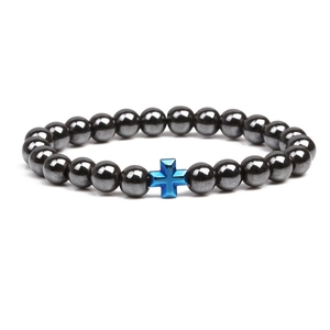 Magnetic Hematite Beaded Bracelet With Colorful Blue Cross Pendant Elastic Charm Bracelet For Men Fashion Jewelry