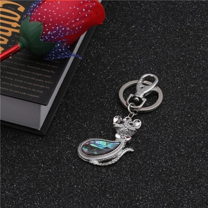 Detailed shot of cat-shaped keychain with abalone shell inlay and sparkling rhinestones