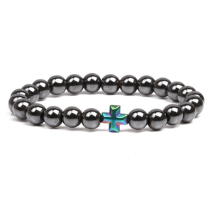 Black hematite 8mm beaded bracelet with iridescent rainbow cross charm for men