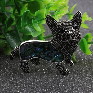 Retro dog brooch with iridescent abalone shell inlay and silver tone textured metal finish