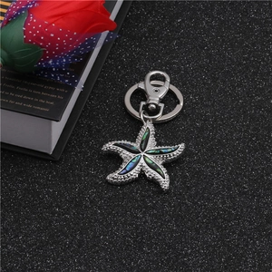 Detailed view of starfish keychain with iridescent abalone shell inlay and silver metal ring