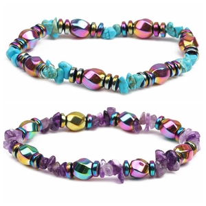 Bracelet Perlé à la Main en Améthyste Hématite Turquoise Synthétique Magnétique pour Hommes Femmes Bijoux Énergie de Guérison