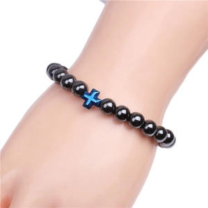 8mm magnetic hematite beaded bracelet with vibrant blue cross charm for men