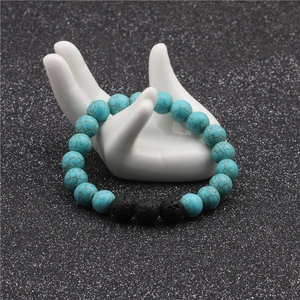 10mm blue turquoise and black volcanic lava stone beaded bracelet for men and women