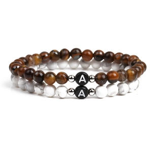 Tiger eye and white turquoise beaded bracelet set with initial A charm for couples