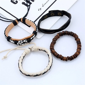 Set de pulseras retro de cuero trenzado para hombre con cuentas de madera y cordones tejidos
