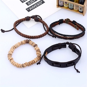 Men's retro braided leather bracelet set featuring wood beads and rivet details