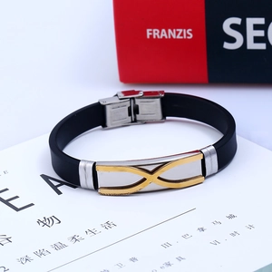Men's minimalist black silicone bracelet with stainless steel X-pattern decorative metal plate