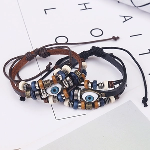 Adjustable bohemian braided leather bracelets with blue evil eye beads for men and women