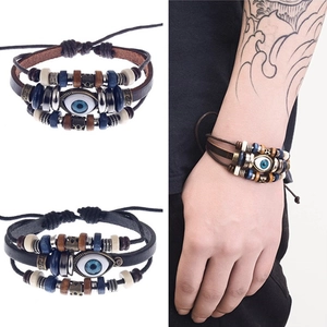 Vintage Evil Eye Beaded Leather Bracelet Multi-layer Braided Cowhide Alloy Wood Beads Adjustable Ethnic Style Unisex Jewelry