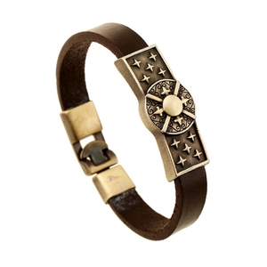 Bracelet Vintage Homme en Cuir de Vachette Supérieur Plaque en Alliage Octogramme Style Punk Bronze Brun Unisexe Bijoux
