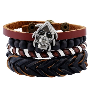 Men Retro Multi-Layer Leather Bracelet Set Handmade Braided Cowhide Alloy Skull Anchor Pendant Wristband Punk Fashion Jewelry