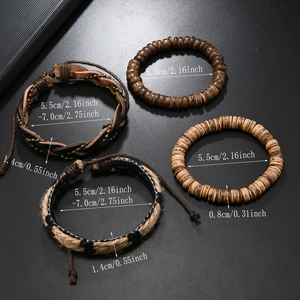 Detail view of vintage multi-layer leather bracelet set with size measurements in inches