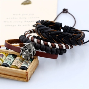 Men's retro multi-layer braided leather bracelet set with silver skull charm