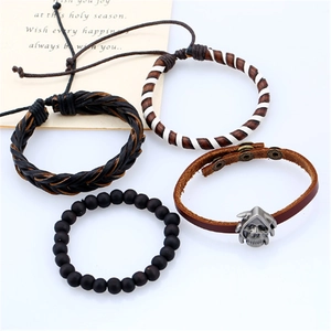 Men's vintage braided leather bracelet set with wooden beads and silver skull charm