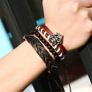 Men's vintage punk style multilayer leather bracelet set with skull and wooden beads