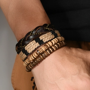 Retro multi-layer men's bracelet set with woven leather, hemp rope and wooden beads