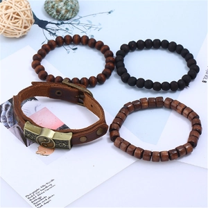 Vintage leather bracelet set with Yin Yang charm and wooden beads in punk ethnic style