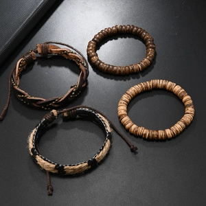 Retro 4-piece set including woven leather, hemp rope, and natural wood bead bracelets