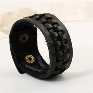 Vintage retro braided black leather bracelet with bronze metal snap buttons for men