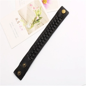 Braided black genuine leather bracelet with golden adjustable snap button closures