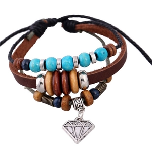 Handmade Multi-Layer Leather Bracelet For Men Women Bohemian Style Wood Beads Alloy Diamond Pendant Adjustable Wrap Wristband Jewelry