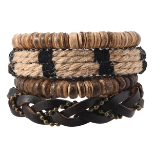 Men's vintage four-layer bracelet set with leather, wood beads, and braided hemp ropes