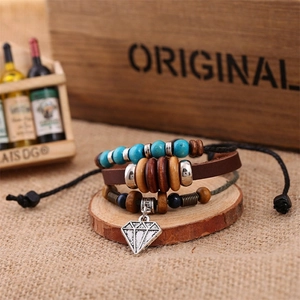 Multilayer genuine leather beaded bracelet set with diamond-shaped silver pendant
