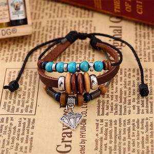 Bohemian multilayer leather bracelet set with wooden beads and turquoise accents