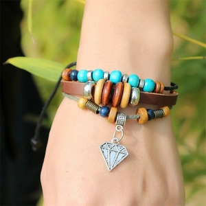 Bohemian multilayer leather bead bracelet with silver alloy pendant for women