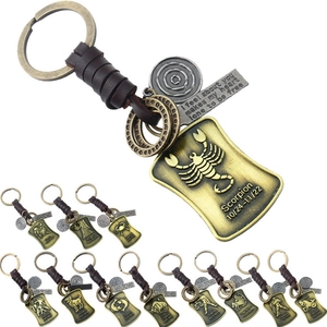 Porte-clés Vintage en Cuir de Vachette Constellation Tressé en Alliage de Bronze Pendentif Zodiaque pour Hommes Femmes Cadeau