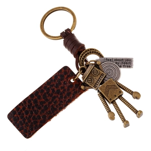Vintage Industrial Robot Keychain Hand-Woven Cowhide Leather Bronze Alloy Pendant For Car Key Holder Men Women Jewelry Gift