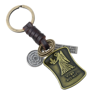 Porte-clés Vierge vintage en cuir avec pendentif en bronze et breloques gravées rétro