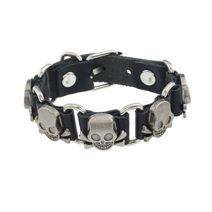 Punk style genuine leather bracelet for men with retro silver skull and bone alloy charms