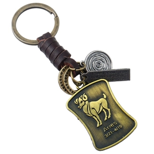 Détails du porte-clés Bélier en alliage de bronze vintage avec cordon en cuir tressé marron