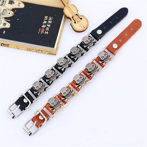 Punk genuine leather skull bracelets with silver metal rivets and vintage adjustable buckle