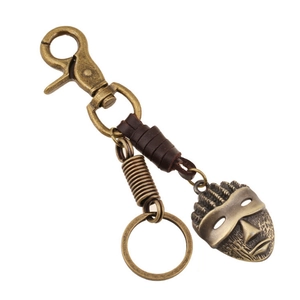 Vintage Rindsleder Metall Schlüsselanhänger Für Herren Bronze Ethnische Stammesmaske Anhänger Handgewebte Seil Schlüsselring Geschenk