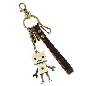 Porte-clés Robot Industriel Vintage Robot en Alliage de Bronze Antique Bracelet en Cuir de Vachette Véritable Charme de Sac Mécanique pour Hommes Femmes