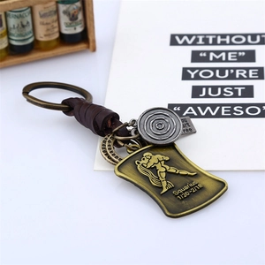 Porte-clés Verseau vintage avec pendentif en bronze et lanière en cuir tressé marron