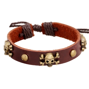 Punk Vintage Leather Bracelet With Top Layer Cowhide Alloy Skull Rivets Adjustable Woven Rope Men Women Wristband Jewelry