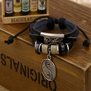 Punk multilayer black braided leather bracelet featuring vintage Yin Yang charm and beads