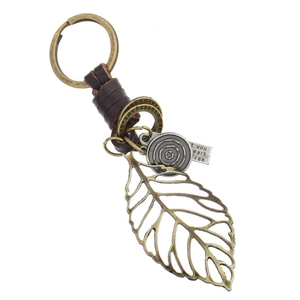 Vintage Cowhide Leather Leaf Keychain Antique Bronze Alloy Hollow Leaf Pendant Quote Plate Retro Accessory For Women Men Gift