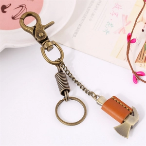 Retro men's leather keychain with bronze alloy axe pendant and carabiner hook