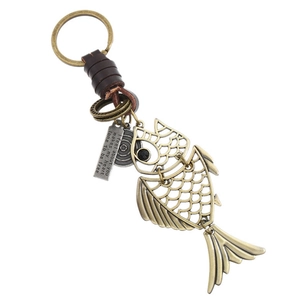 Porte-Clés Poisson en Cuir Tissé à la Main Vintage Pendentif Animal en Alliage Rétro Anneau de Clé pour Voiture Sac à Dos Homme Femme
