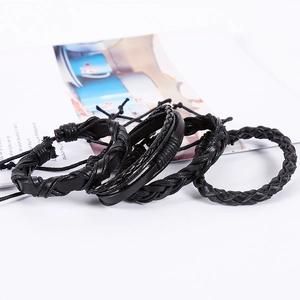 Retro black woven leather bracelet set with multi-layer braided punk style for men