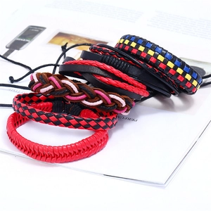 Vintage 6-piece multilayer cowhide leather bracelet set with adjustable woven cords