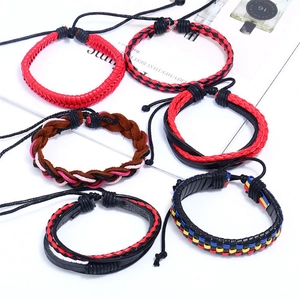 6-piece set of woven leather bracelets in multiple colors with adjustable drawstrings