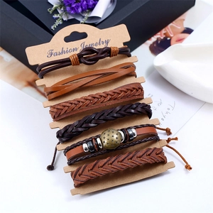 Set di 6 bracciali retrò in pelle marrone intrecciata con ciondoli a stella per uomo